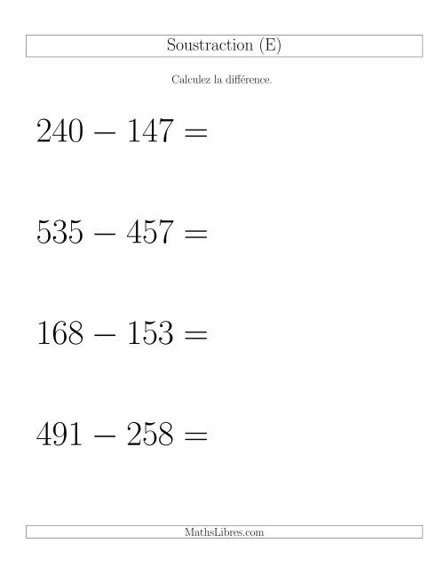 Soustraction Multi-Chiffres -- 3-chiffres moins 3-chiffres -- Hotizontale (E)