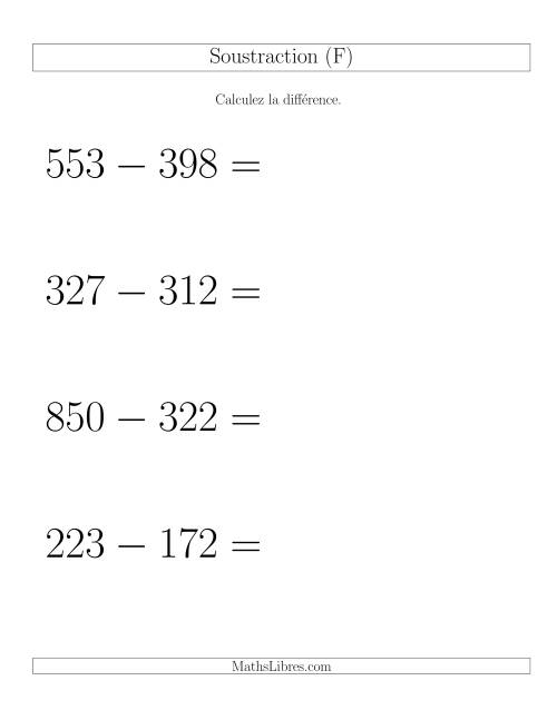 Soustraction Multi-Chiffres -- 3-chiffres moins 3-chiffres -- Hotizontale (F)