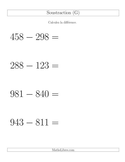 Soustraction Multi-Chiffres -- 3-chiffres moins 3-chiffres -- Hotizontale (G)