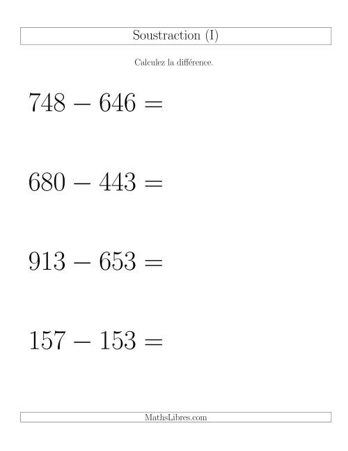 Soustraction Multi-Chiffres -- 3-chiffres moins 3-chiffres -- Hotizontale (I)