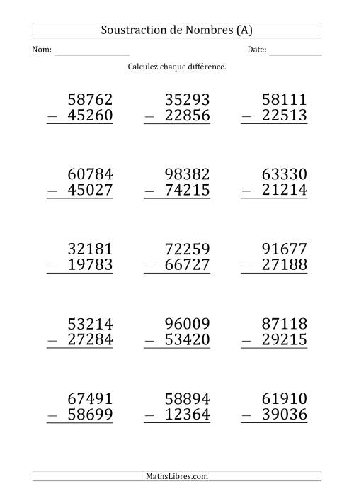 Soustraction d'un Nombre à 5 Chiffres par un Nombre à 5 Chiffres (Gros Caractère) (A)