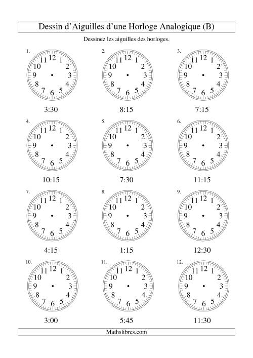 Dessin d'Aiguiles sur Une Horloge Analogique avec 15 Minutes d'Intervalle (B)