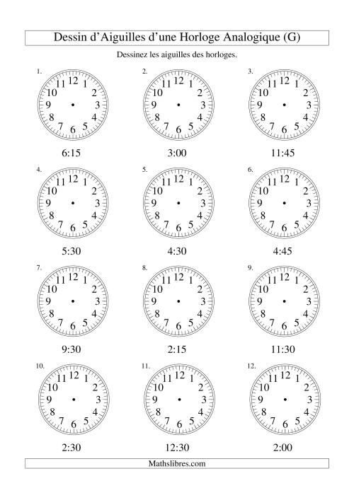 Dessin d'Aiguiles sur Une Horloge Analogique avec 15 Minutes d'Intervalle (G)