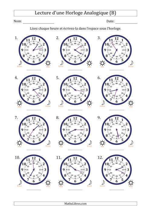 Lecture de l'Heure sur Une Horloge Analogique utilisant le système horaire sur 24 heures avec 1 Minutes d'Intervalle (12 Horloges) (B)