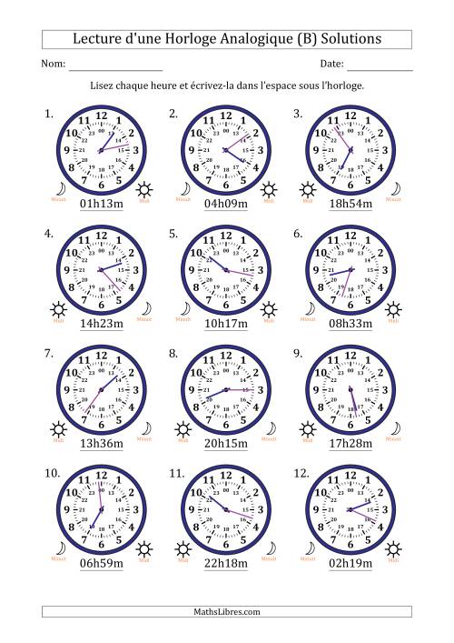 Lecture de l'Heure sur Une Horloge Analogique utilisant le système horaire sur 24 heures avec 1 Minutes d'Intervalle (12 Horloges) (B) page 2