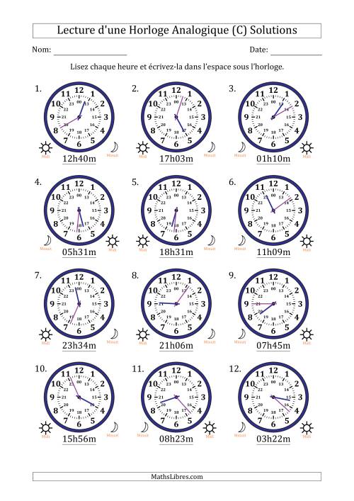 Lecture de l'Heure sur Une Horloge Analogique utilisant le système horaire sur 24 heures avec 1 Minutes d'Intervalle (12 Horloges) (C) page 2