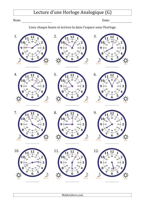 Lecture de l'Heure sur Une Horloge Analogique utilisant le système horaire sur 24 heures avec 1 Minutes d'Intervalle (12 Horloges) (G)