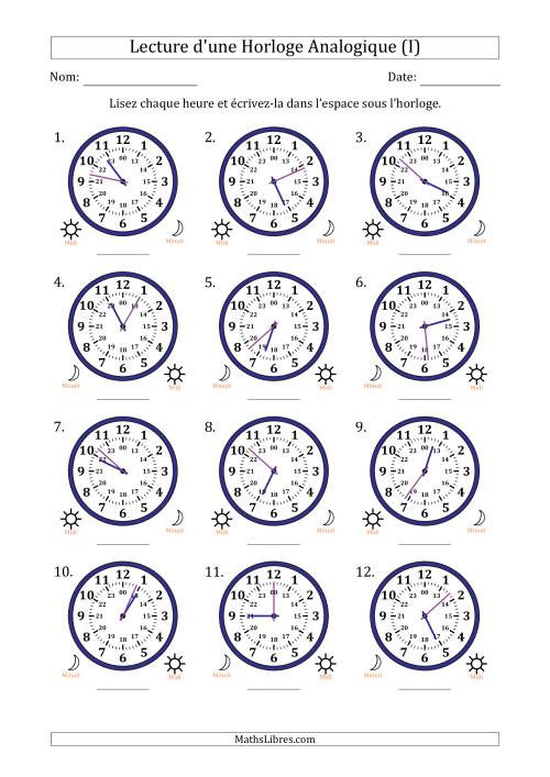Lecture de l'Heure sur Une Horloge Analogique utilisant le système horaire sur 24 heures avec 1 Minutes d'Intervalle (12 Horloges) (I)