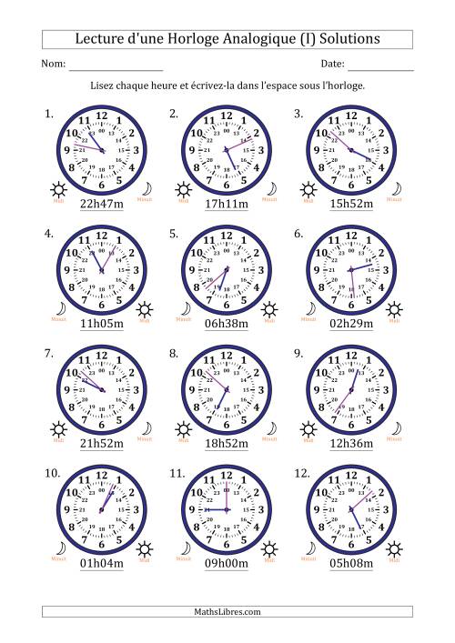 Lecture de l'Heure sur Une Horloge Analogique utilisant le système horaire sur 24 heures avec 1 Minutes d'Intervalle (12 Horloges) (I) page 2