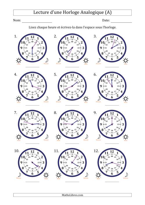 Lecture de l'Heure sur Une Horloge Analogique utilisant le système horaire sur 24 heures avec 1 Minutes d'Intervalle (12 Horloges) (Tout)