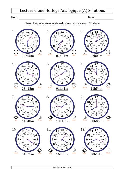 Lecture de l'Heure sur Une Horloge Analogique utilisant le système horaire sur 24 heures avec 1 Minutes d'Intervalle (12 Horloges) (Tout) page 2