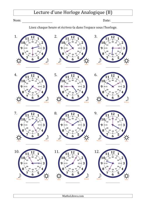 Lecture de l'Heure sur Une Horloge Analogique utilisant le système horaire sur 24 heures avec 5 Minutes d'Intervalle (12 Horloges) (B)
