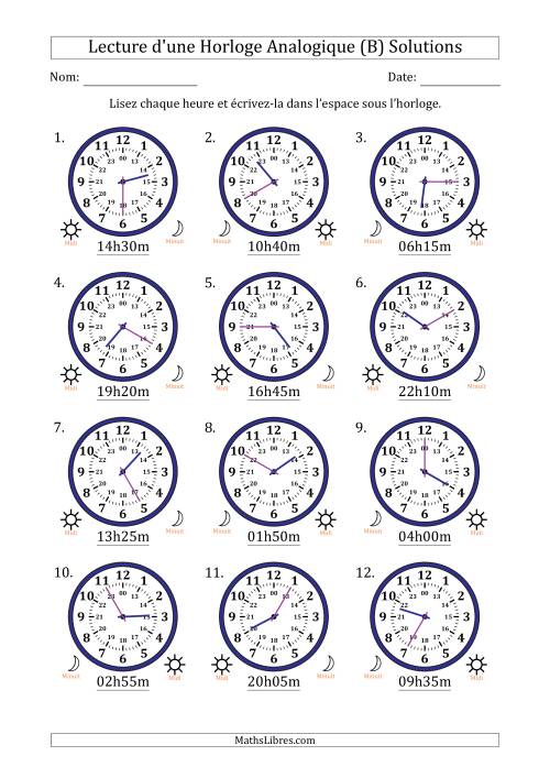 Lecture de l'Heure sur Une Horloge Analogique utilisant le système horaire sur 24 heures avec 5 Minutes d'Intervalle (12 Horloges) (B) page 2