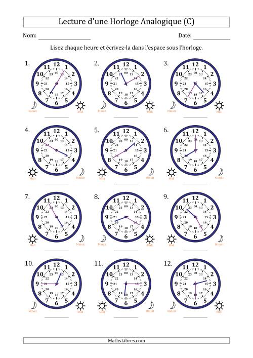 Lecture de l'Heure sur Une Horloge Analogique utilisant le système horaire sur 24 heures avec 5 Minutes d'Intervalle (12 Horloges) (C)