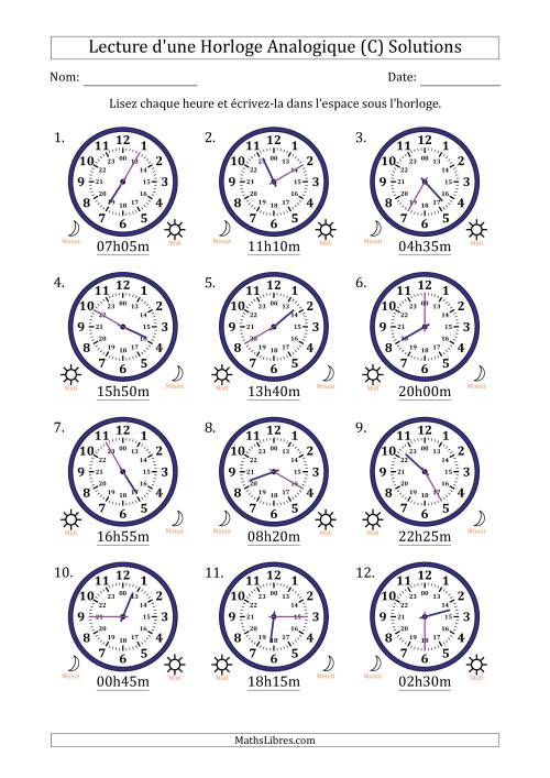 Lecture de l'Heure sur Une Horloge Analogique utilisant le système horaire sur 24 heures avec 5 Minutes d'Intervalle (12 Horloges) (C) page 2