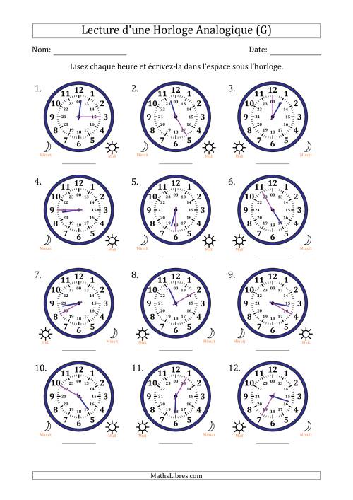 Lecture de l'Heure sur Une Horloge Analogique utilisant le système horaire sur 24 heures avec 5 Minutes d'Intervalle (12 Horloges) (G)