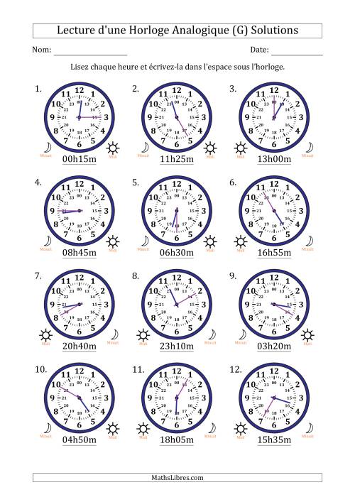 Lecture de l'Heure sur Une Horloge Analogique utilisant le système horaire sur 24 heures avec 5 Minutes d'Intervalle (12 Horloges) (G) page 2