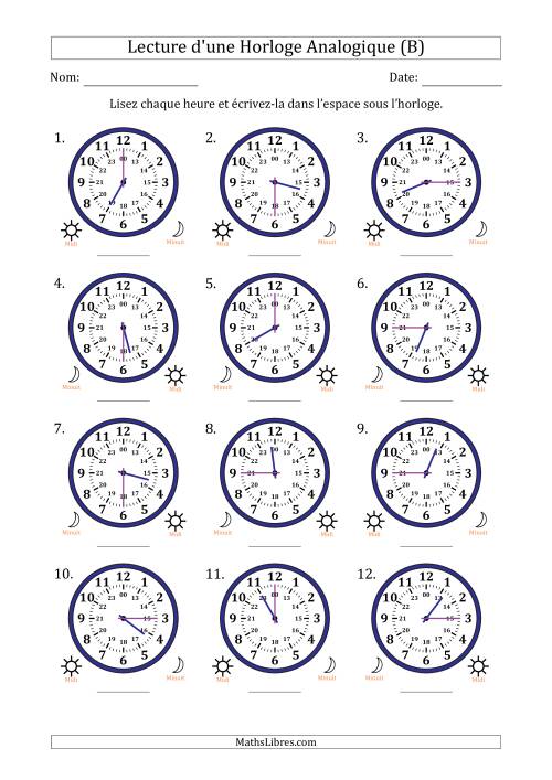 Lecture de l'Heure sur Une Horloge Analogique utilisant le système horaire sur 24 heures avec 15 Minutes d'Intervalle (12 Horloges) (B)