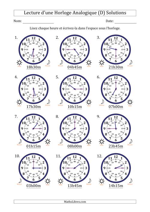 Lecture de l'Heure sur Une Horloge Analogique utilisant le système horaire sur 24 heures avec 15 Minutes d'Intervalle (12 Horloges) (D) page 2