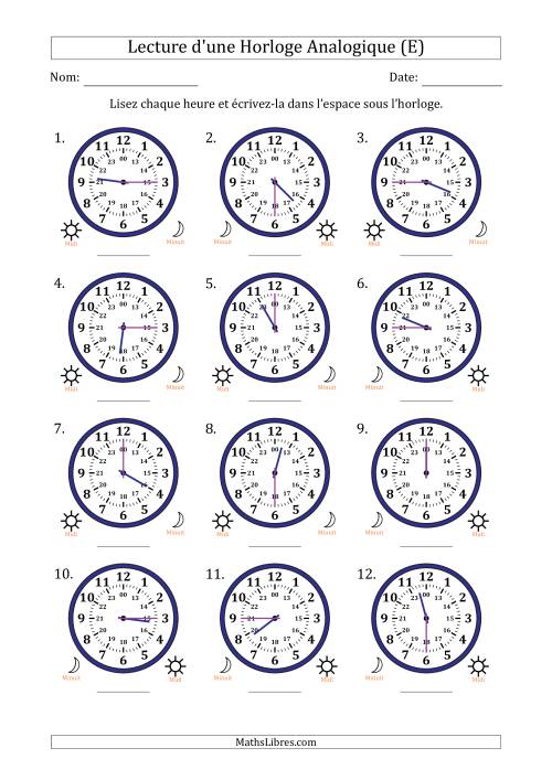 Lecture de l'Heure sur Une Horloge Analogique utilisant le système horaire sur 24 heures avec 15 Minutes d'Intervalle (12 Horloges) (E)