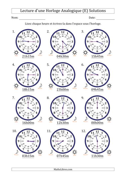 Lecture de l'Heure sur Une Horloge Analogique utilisant le système horaire sur 24 heures avec 15 Minutes d'Intervalle (12 Horloges) (E) page 2