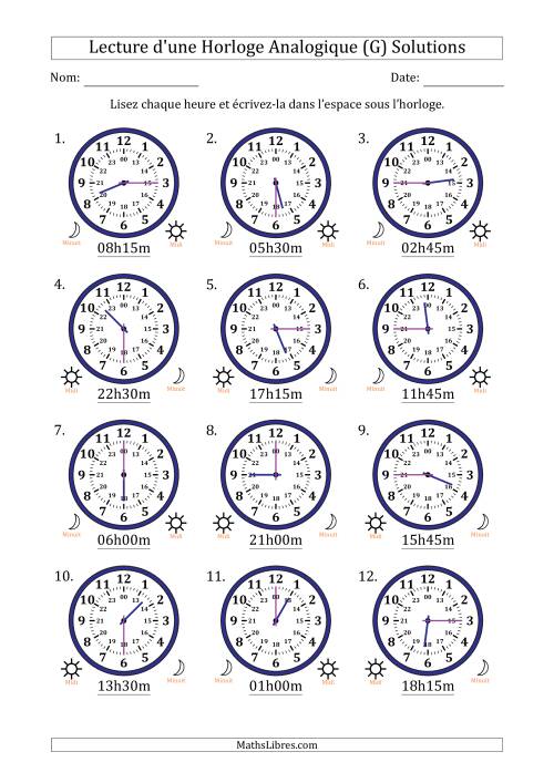 Lecture de l'Heure sur Une Horloge Analogique utilisant le système horaire sur 24 heures avec 15 Minutes d'Intervalle (12 Horloges) (G) page 2