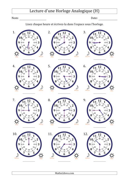 Lecture de l'Heure sur Une Horloge Analogique utilisant le système horaire sur 24 heures avec 15 Minutes d'Intervalle (12 Horloges) (H)