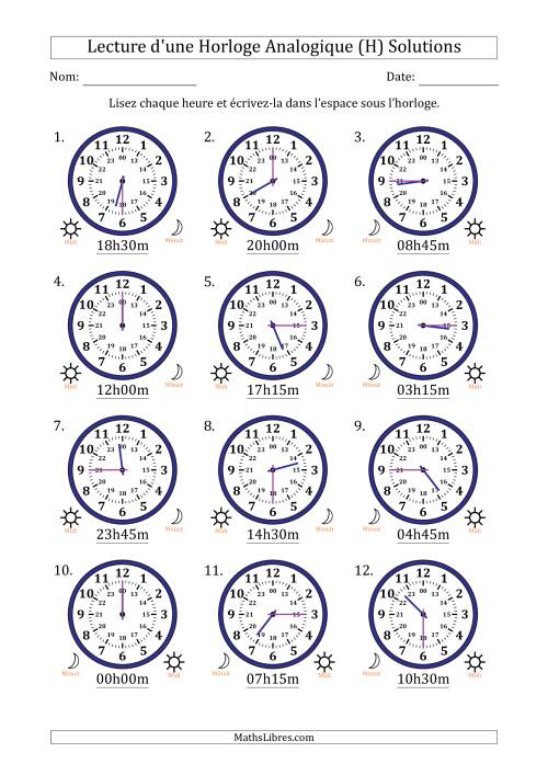 Lecture de l'Heure sur Une Horloge Analogique utilisant le système horaire sur 24 heures avec 15 Minutes d'Intervalle (12 Horloges) (H) page 2