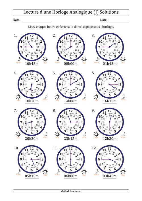 Lecture de l'Heure sur Une Horloge Analogique utilisant le système horaire sur 24 heures avec 15 Minutes d'Intervalle (12 Horloges) (J) page 2