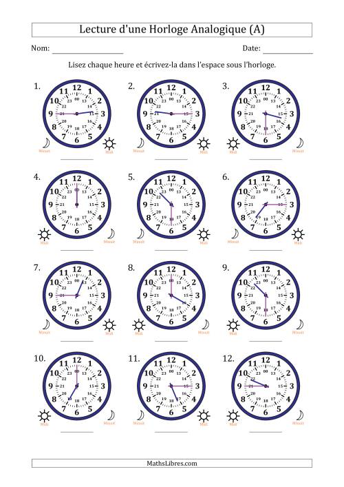 Lecture de l'Heure sur Une Horloge Analogique utilisant le système horaire sur 24 heures avec 15 Minutes d'Intervalle (12 Horloges) (Tout)