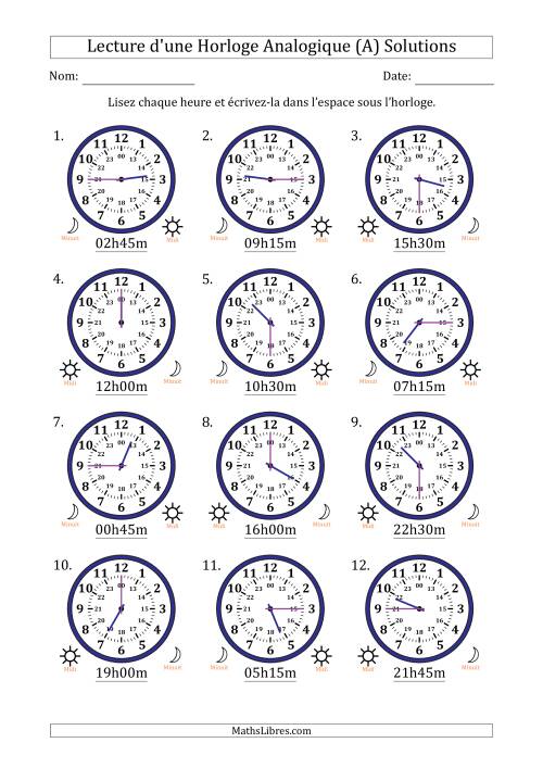 Lecture de l'Heure sur Une Horloge Analogique utilisant le système horaire sur 24 heures avec 15 Minutes d'Intervalle (12 Horloges) (Tout) page 2