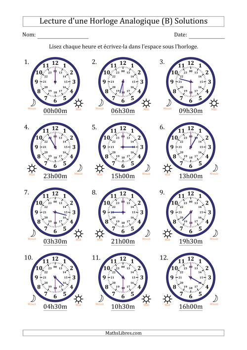 Lecture de l'Heure sur Une Horloge Analogique utilisant le système horaire sur 24 heures avec 30 Minutes d'Intervalle (12 Horloges) (B) page 2