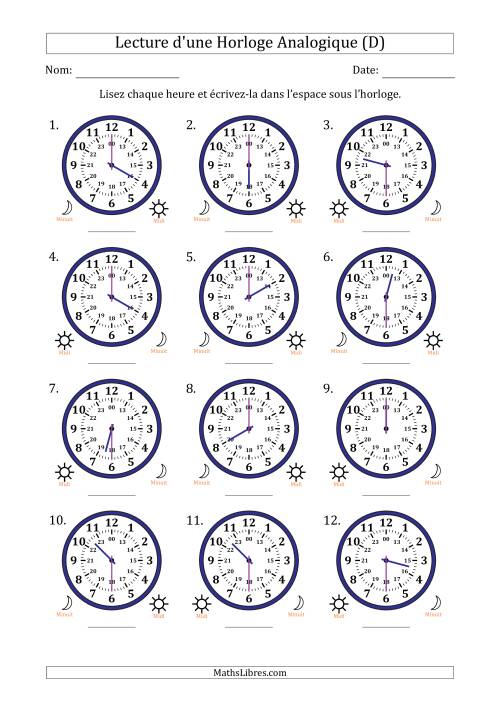 Lecture de l'Heure sur Une Horloge Analogique utilisant le système horaire sur 24 heures avec 30 Minutes d'Intervalle (12 Horloges) (D)