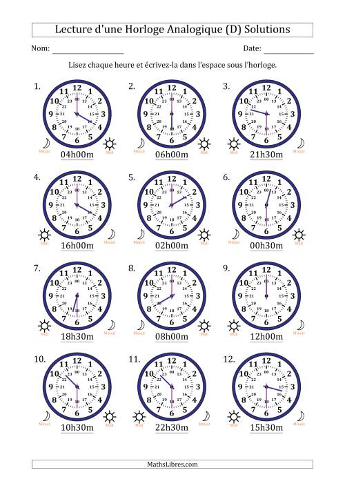 Lecture de l'Heure sur Une Horloge Analogique utilisant le système horaire sur 24 heures avec 30 Minutes d'Intervalle (12 Horloges) (D) page 2