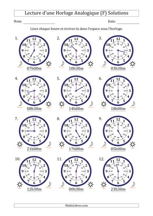 Lecture de l'Heure sur Une Horloge Analogique utilisant le système horaire sur 24 heures avec 30 Minutes d'Intervalle (12 Horloges) (F) page 2