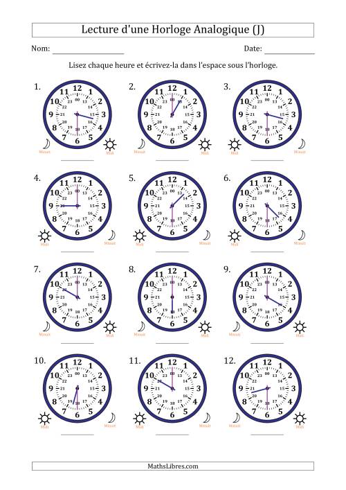 Lecture de l'Heure sur Une Horloge Analogique utilisant le système horaire sur 24 heures avec 30 Minutes d'Intervalle (12 Horloges) (J)