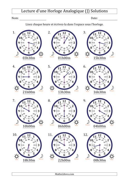 Lecture de l'Heure sur Une Horloge Analogique utilisant le système horaire sur 24 heures avec 30 Minutes d'Intervalle (12 Horloges) (J) page 2