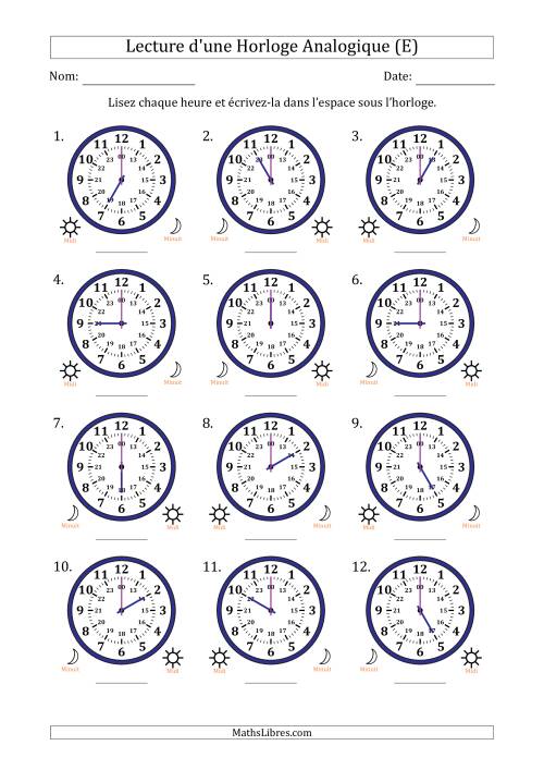 Lecture de l'Heure sur Une Horloge Analogique utilisant le système horaire sur 24 heures avec 1 Heures d'Intervalle (12 Horloges) (E)
