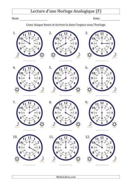 Lecture de l'Heure sur Une Horloge Analogique utilisant le système horaire sur 24 heures avec 1 Heures d'Intervalle (12 Horloges) (F)