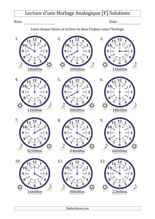 Lecture de l'Heure sur Une Horloge Analogique utilisant le système horaire sur 24 heures avec 1 Heures d'Intervalle (12 Horloges) (F) page 2