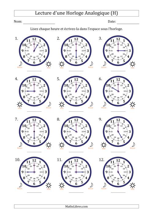 Lecture de l'Heure sur Une Horloge Analogique utilisant le système horaire sur 24 heures avec 1 Heures d'Intervalle (12 Horloges) (H)