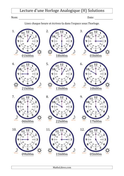 Lecture de l'Heure sur Une Horloge Analogique utilisant le système horaire sur 24 heures avec 1 Heures d'Intervalle (12 Horloges) (H) page 2