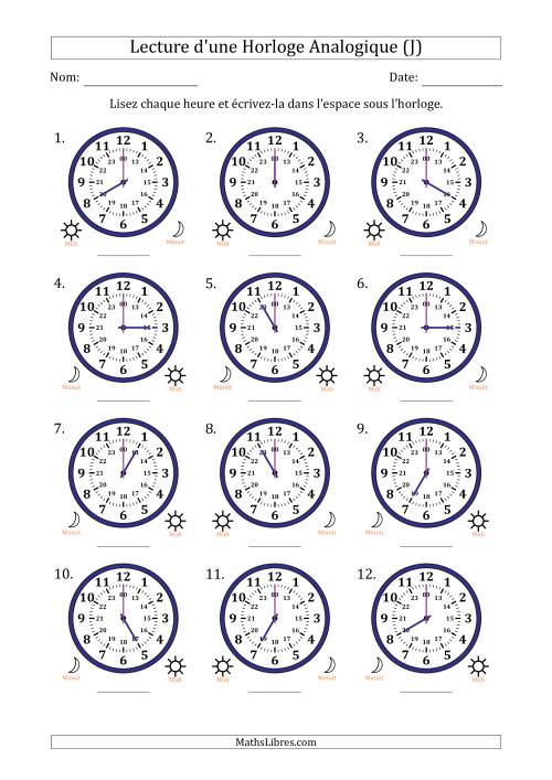 Lecture de l'Heure sur Une Horloge Analogique utilisant le système horaire sur 24 heures avec 1 Heures d'Intervalle (12 Horloges) (J)