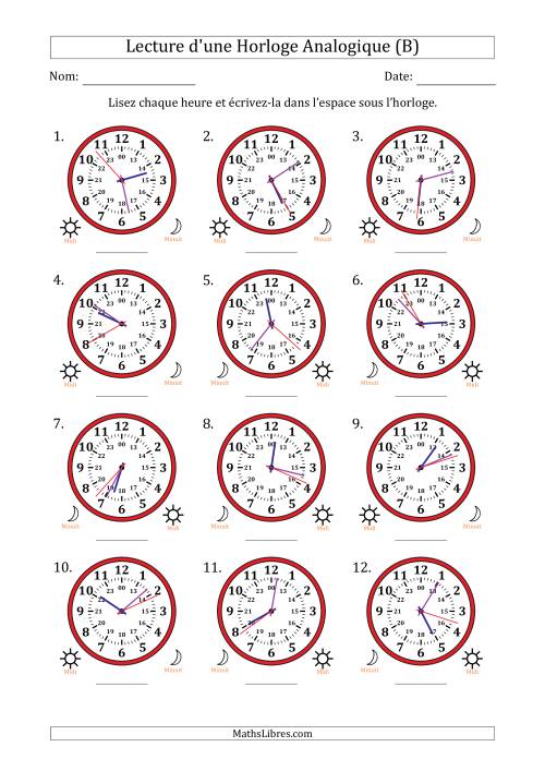 Lecture de l'Heure sur Une Horloge Analogique utilisant le système horaire sur 24 heures avec 1 Secondes d'Intervalle (12 Horloges) (B)