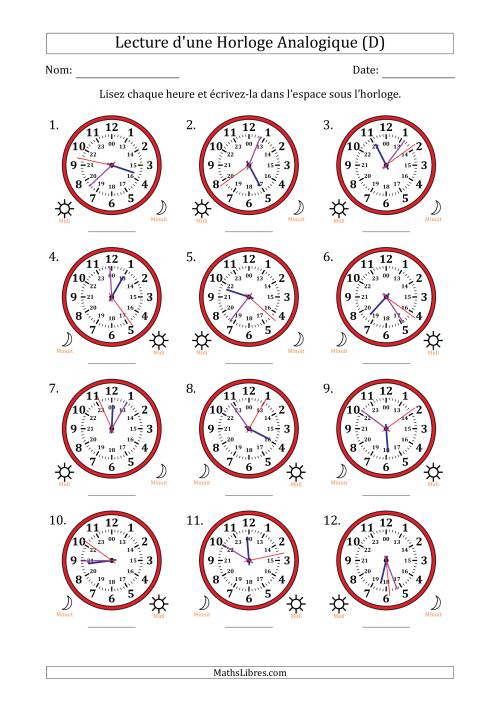 Lecture de l'Heure sur Une Horloge Analogique utilisant le système horaire sur 24 heures avec 1 Secondes d'Intervalle (12 Horloges) (D)