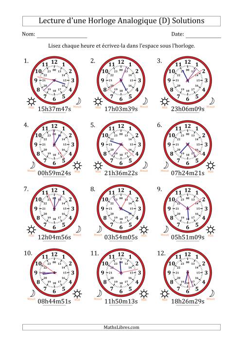Lecture de l'Heure sur Une Horloge Analogique utilisant le système horaire sur 24 heures avec 1 Secondes d'Intervalle (12 Horloges) (D) page 2