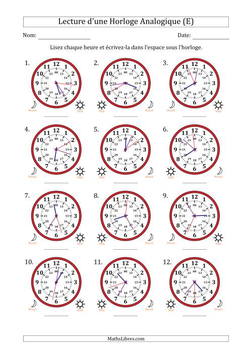 Lecture de l'Heure sur Une Horloge Analogique utilisant le système horaire sur 24 heures avec 1 Secondes d'Intervalle (12 Horloges) (E)