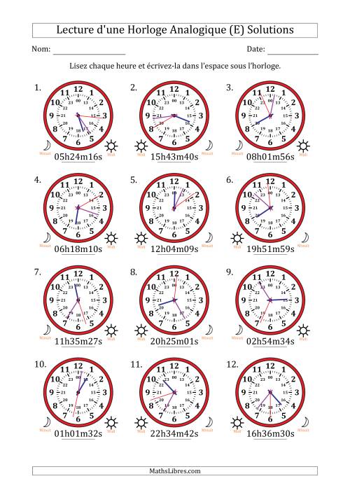Lecture de l'Heure sur Une Horloge Analogique utilisant le système horaire sur 24 heures avec 1 Secondes d'Intervalle (12 Horloges) (E) page 2