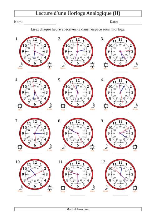 Lecture de l'Heure sur Une Horloge Analogique utilisant le système horaire sur 24 heures avec 1 Secondes d'Intervalle (12 Horloges) (H)