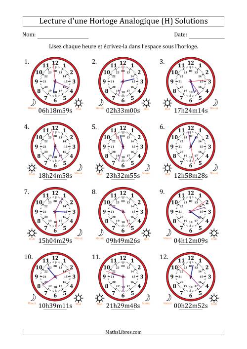 Lecture de l'Heure sur Une Horloge Analogique utilisant le système horaire sur 24 heures avec 1 Secondes d'Intervalle (12 Horloges) (H) page 2